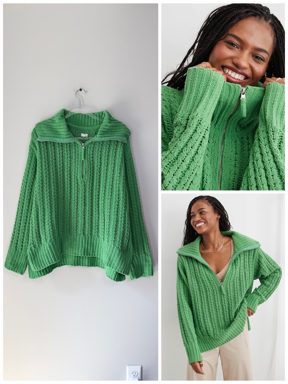 Aerie Green Cable Car Quarter Zip Sweater
